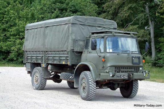 a large military truck parked on the side of a dirt road